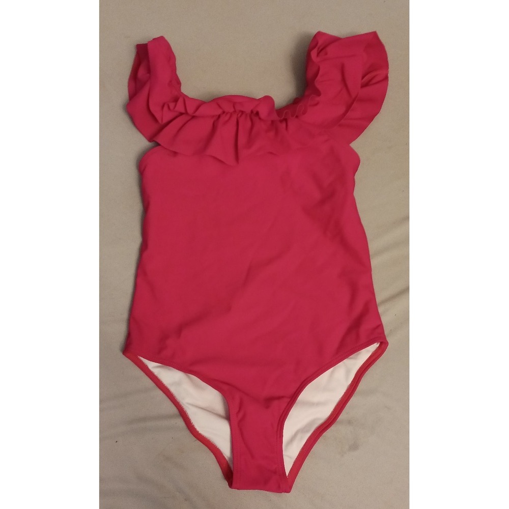 Girls Fuschia Ruffle Trim Off the Shoulder One Piece Swimsuit, Size 8/130